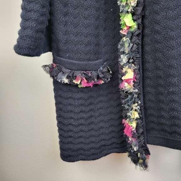 Michael Simon open front floral ruffle trim Cardigan Sweater - Picture 3 of 7